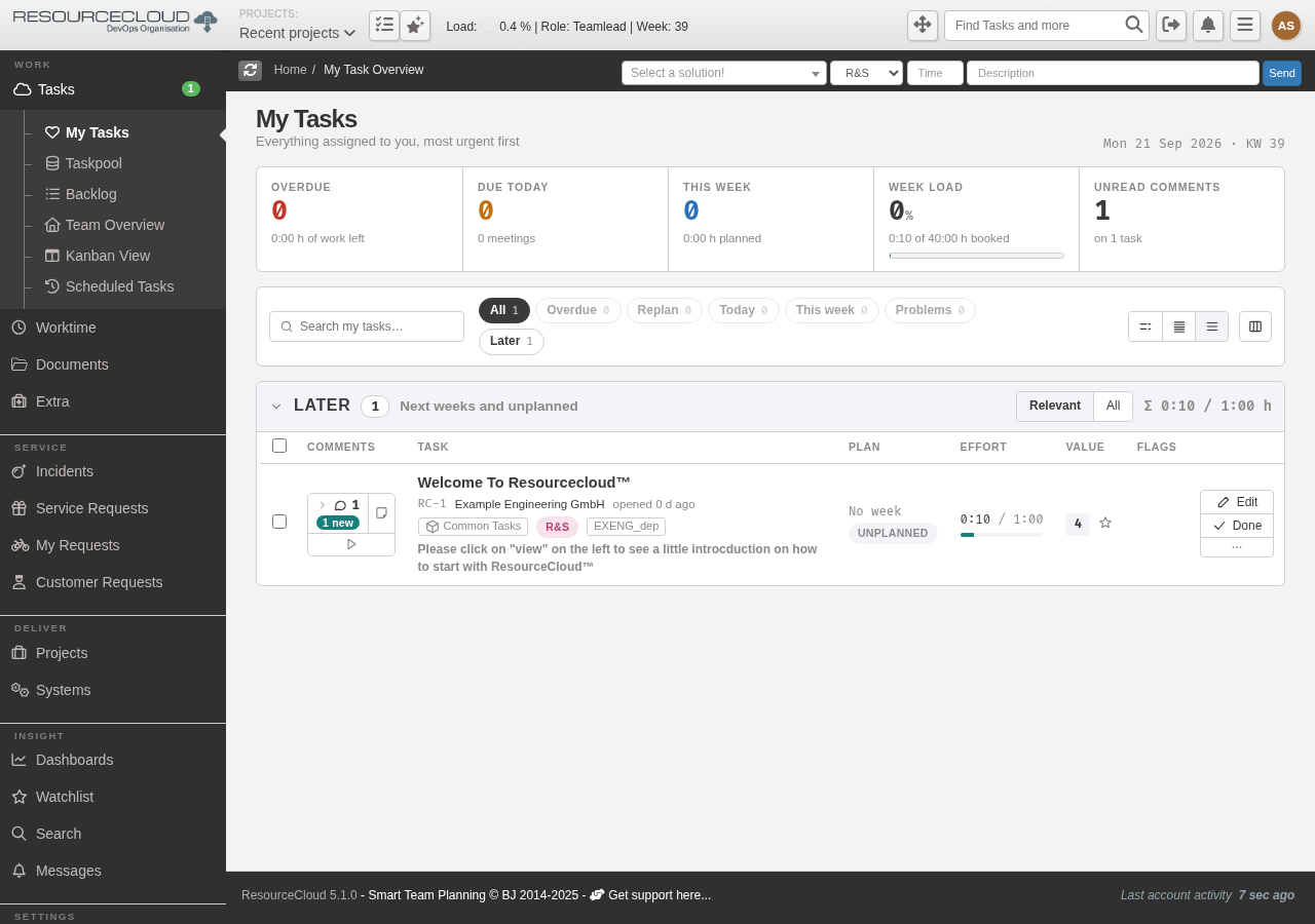 My Tasks page after first login